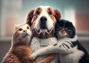 Scared pets at the vet. Two cats hug a dog. Generative AI image, AI generated