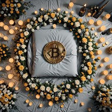 Symbolic portrayal of the end of bitcoin with a coin surrounded by funeral flowers and candles, AI