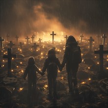 Three figures stand hand in hand in a rainy cemetery with many crosses, war, war graves, military