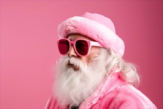 Modern Santa Claus interpretation. Elderly man with white beard wearing pink coat and hat and