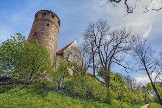 Brick tower of St Blasius Church and town wall, Kaufbeuern, Allgaeu, Swabia, Bavaria, Germany,