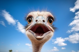 Funny portrait of ostrich in front of blue sky. KI generiert, generiert, AI generated