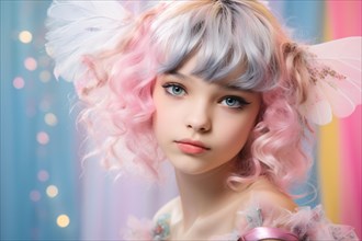Young gilr child in fairy costume with colorful hair. KI generiert, generiert, AI generated
