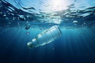 Plastic pollution concept showing plastic bottle swimming in ocean. KI generiert, generiert, AI