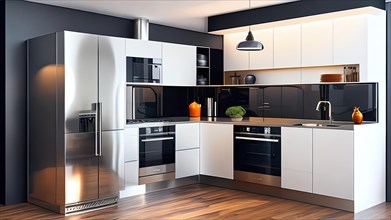 3d Illustration of black modern kitchen in a house with a beautiful design, AI generated
