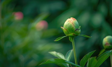 A single peony bud about to bloom against a backdrop of green foliage AI generated