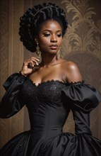 Beautiful african american woman wearing black dress and jewellery. ai generative, AI generated