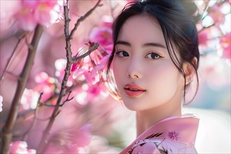 Beautiful young woman with pink kimono with blurry trees in background. KI generiert, generiert, AI
