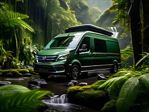 AI generated view of the essence of van life in a beautyfull rain forest landscape