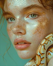 A woman with bright eyes, freckles, and a snake on a serene aquatic-colored backdrop, blurry teal
