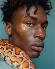 Portrait showcasing a man with skin matching the pattern of a snake wrapped around him, blurry teal