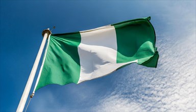 The flag of Nigeria flutters in the wind, isolated against a blue sky
