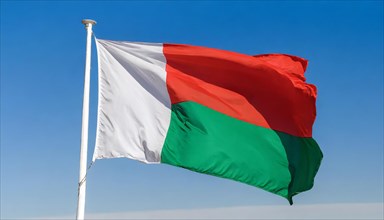 The flag of Madagascar, fluttering in the wind, isolated, against the blue sky