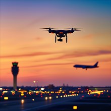 A drone hovers in the sky with a view of the airport control tower and a landing aircraft, drone,