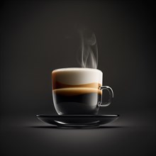 Hot coffee in glass cup. The espresso is hot, macchiato with milk and short. Generative AI image,