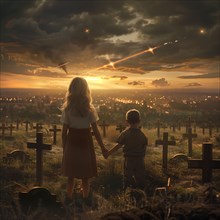 Two figures holding hands in a cemetery under a dramatic evening sky, war, war graves, military