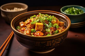 Chonese food called Mapo Tofu in bowl. KI generiert, generiert, AI generated