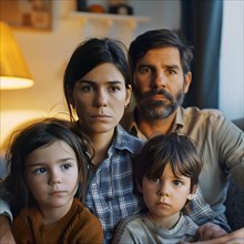 A family with an anxious expression sits together in the living room, relocation, apartment