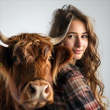 Portrait of a young woman standing next to a cow and smiling, AI generated