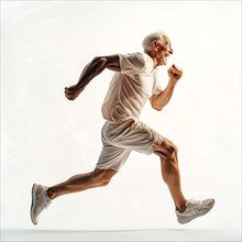 An older man in sportswear runs dynamically in front of a white background, start running, start,