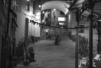 Two residents with suitcases, returning home in the evening from a trip, old town of Genoa, Italy,