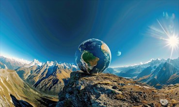 An Earth globe set against a mountain backdrop with a clear blue sky AI generated