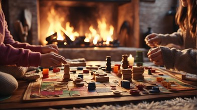 People focused on playing a board game with wooden pieces in a warm, cozy room near a fireplace, AI