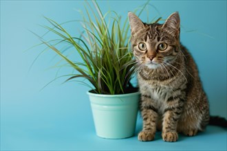 Tabby cat next to potted grass 'Cyperus Zumula' used for cats to help them throw up hair balls. KI