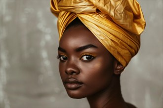 Beautiful black african american woman with golden turban. KI generiert, generiert, AI generated