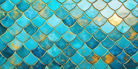 Abstract turquoise fish scale shaped tile background. KI generiert, generiert, AI generated