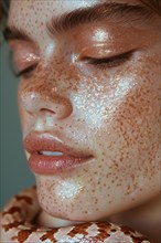 A close-up of a woman with freckles and glitter makeup in serene golden tones, blurry teal