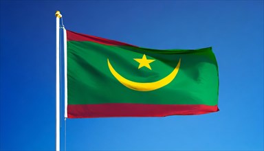 The flag of Mauritania, Mauritania, flutters in the wind, isolated against a blue sky, Africa