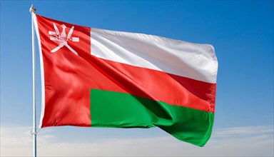 The flag of Oman flutters in the wind, isolated against a blue sky