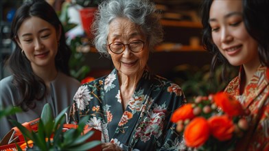 Smiling elderly Asian woman receiving flowers and a gift from the younger generation, AI generated