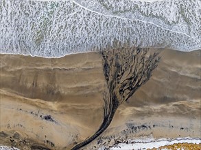 Aerial view of beach and sea, waves, spray, coast, river, Senja, Troms, Norway, Europe