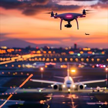 A drone in the foreground with an illuminated aeroplane and a blurred city in the background,