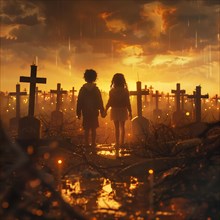 Two children, hand in hand in a rainy, gloomy cemetery, war, war graves, military cemetery, AI