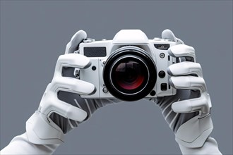 Concept for AI generated photos whoing white artificial intelligence robotic hands holding photo