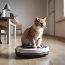 A red cat sits relaxed on a robot vacuum cleaner in a bright room, AI generated