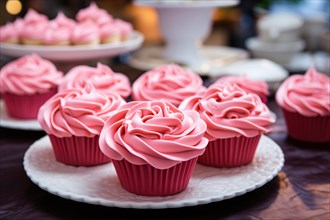 Pink cupcakes with rose flower shaped frosting. KI generiert, generiert, AI generated