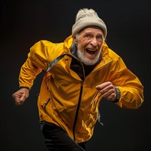 Cheerful older man in a yellow sports jacket running, very energetic, start running, start,