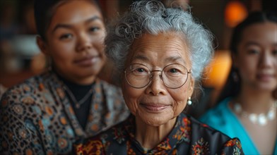 Asian Elderly woman with glasses and traditional dress smiles warmly with family members out of