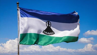 The flag of Lesotho, fluttering in the wind, isolated, against the blue sky