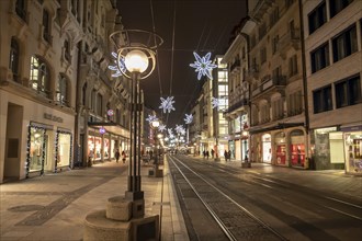 Main Shopping Street at Night in Geneva, Switzerland, Europe