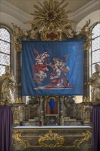 Historic Lenten cloth, made in 1726, in front of the main altar, St Nicholas parish church,