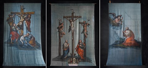 Three historical Lenten cloths on a black background, created around 1890, St Laurentius Church,
