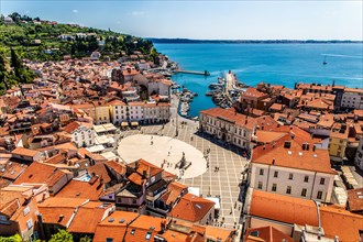 View from the bell tower over Piran and Tartin Square, harbour town of Piran on the Adriatic coast