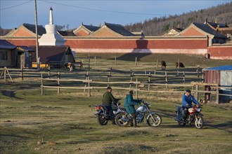 Mongolian men on motorbikes, Amarbayasgalant Monastery, Selenge Aimak, Selenge Province, Mongolia,