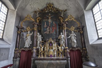 Historic Lenten cloth in front of the main altar, made in 1726, Ochsenfurt-Hohestadt, Lower