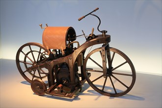 Replica Daimler riding carriage from 1885, the world's first motorbike, Mercedes-Benz Museum,